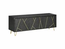 Meuble tv banc tv style art déco - 3 portes, 2 étagères - piètement épingle métal doré mdf aspect marbre noir rainures dorées