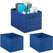 Relaxdays - 3x Paniers de rangement avec poignée, plastique, aspect tressé, 26 x 40 x 30 cm, corbeille salle de bain, boîte, bleu