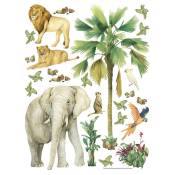 Sticker - Animaux de la jungle : éléphant, lion, perroquet - 1 planche 65 x 85 cm