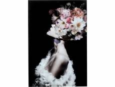"tableau en verre femme fleurs roses 80x120cm"