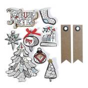 8 stickers 3D de Noël hiver blanc 8cm + 20 étiquettes