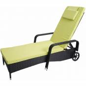 Chaise longue relaxation transat de jardin bain de soleil poly rotin anthracite housse vert clair - vert