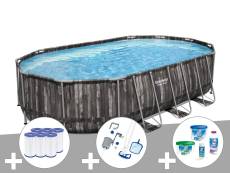 Kit piscine tubulaire ovale Bestway Power Steel décor bois 6,10 x 3,66 x 1,22 m + 6 cartouches de filtration + Kit de traitement au chlore + Kit d'ent