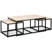 Lot de 3 tables gigognes métal noir. décor bois - Loft - encastrables. 1x100x45x60cm / 2x50x50x38cm - Bois