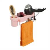 Support à sèche-cheveux sans perçage, plastique, porte-fil et étagères, HxLxP : env. 9x30x10,5 cm, rose - Relaxdays