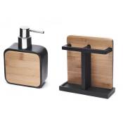 Hombre Set salle de bain avec Porte-brosse à dents + Distributeur de savon en polyrésine et bois de bambou, Noir (HOM-SET1) - Optima