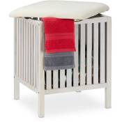 Panier à linge avec siège, Tabouret de salle de bain, style rustique, 40l, bois/tissu, 53 x 41 x 41 cm, blanc - Relaxdays