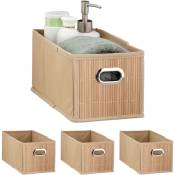 4x Paniers de rangement bambou, corbeille salle de bain, carré, panière, boîte étroite, 14x15x31 cm, pliant, nature