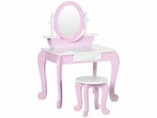 Coiffeuse enfant design girly - tabouret inclus - tiroir, 2 étagères, niche, miroir - mdf - blanc rose