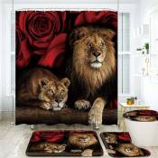 Ensemble de rideaux de douche rouge rose et lion avec tapis antidérapant, couvercle de toilette et tapis de douche, rideaux de douche pour animaux