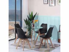 Ensemble de table et chaises scandinave - table ronde en verre avec pieds en bois et 4 chaises noires au design épuré, dimensions 54x54x82cm