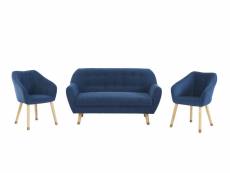 Ensemble hilda en velours côtelé bleu avec piètement bois et doré 1 canapé et 2 fauteuils