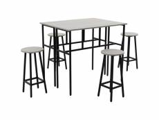 Ensemble table de bar style industriel 6 pièces - 2 tables, 4 tabourets - acier noir panneaux particules aspect bois gris