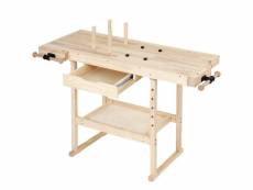 Établi d'atelier en bois de pin avec tiroir et étagère
