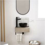Meuble lave-mains soho plan épais vasque noire + miroir - Décor chêne