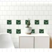Sticker carrelage adhésif décoratif tropical, jungle, formes feuille de palmier, 10 cm x 10 cm, x9, crédence autocollant. - Vert