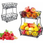 Support pour corbeille à fruits, 2 étages, bol à fruits en métal, support de service, rond, noir, corbeille à fruits double couche, panier à fruits