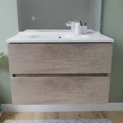 Cuisibane - Meuble salle de bain suspendu tout inox 80 cm rosinox- Bois- Plan vasque en Résine - Chêne