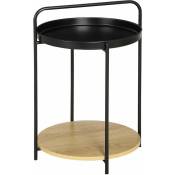 Homcom - Table d'appoint guéridon bout de canapé design néo-rétro plateau étagère amovibles acier noir aspect chêne clair - Noir