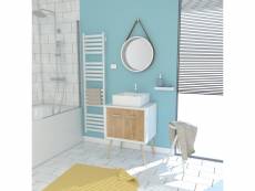 Meuble salle de bain scandinave blanc et bois 60 cm sur pieds , vasque a poser et miroir rond