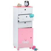 Relaxdays - Commode pour enfants, design cygnes, 3 tiroirs et 1 placard, étagère chambre, HLP 105x42x30 cm, blanc-rose