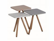Set de 3 tables basses trépieds carrés gigognes mirna bois blanc, gris et taupe