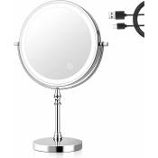 8 Pouces Miroir Grossissant Lumineux, 3 Couleurs Miroir Maquillage Lumineux, 1x/10x Grossissement Chargement usb, Miroir de Table Rotation à 360°,