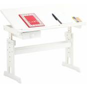 Bureau enfant écolier junior flexi table à dessin réglable en hauteur et pupitre inclinable avec 1 tiroir en pin massif lasuré blanc - Blanc