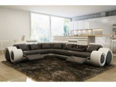 Canapé d'angle cuir gris et blanc + positions relax