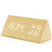 Réveil en bois triangulaire contrôle du son créatif led température et humidité bois horloge électronique numérique bois blanc lumière bleue