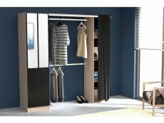 Nice - dressing industriel bois avec rideau noir et 2 penderies, 6 étagères et 1 tiroir noir