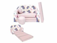 Nino canapé convertible lit pour enfant avec pouf et coussin oeko-tex licornes rose