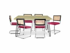 Pack table à manger design industriel 150cm & 6 chaises de salle à manger en rotin - tapisserie en velours - hyre fuchsia