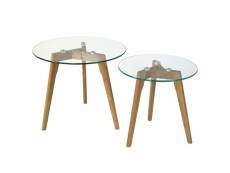 Set de deux tables basses plateau en verre pied en bois taba06006