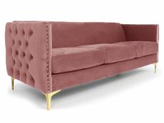 Canapé 3 places velours rose et pieds métal doré