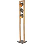 Lampe sur pied en bois naturel avec 3 spots orientables, diffuseurs en métal en acier vieilli, intérieur doré, hauteur 150 cm.