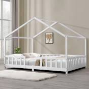 Lit en forme de maison avec barrières latérales et cadre blanc différentes tailles Couleur : 120x200 cm