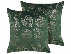 Lot de 2 coussins en velours à motif de feuilles vert foncé 45 x 45 cm monstera 345081