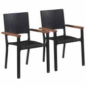 Set de 2 chaises résine tressée et accoudoirs en bois - Noir - 56 x 55 x 88 cm