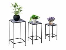 Support pots de fleurs 3 pièces - lot de 3 étagères à fleurs - portes plantes empilables - métal époxy plateaux carreaux céramique bleu