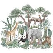 Autocollants muraux animaux de la jungle de dessin animé, éléphant girafe panda léopard plantes vertes animaux autocollants de papier peint pour