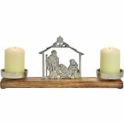 Crèche de Noël, Nativité ,en forme de Bougeoir, socle en bois de manguier , Crèche Metal argent (l/h/p) 36x15x8cm