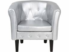 Fauteuil chesterfield avec repose pied en synthétique avec éléments décoratifs touffetés chaise cabriolet tabouret pouf meuble de salon argenté hellos