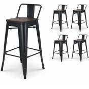 Kosmi - Lot de 4 tabourets de bar en métal noir mat style industriel avec dossier et assise en bois foncé - Hauteur 66cm
