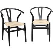 Lot de deux chaises vintage noires en bois d'hévéa avec assise en cordes et dossier arrondi - Noir