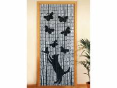 Rideau de porte félin et papillon - bambou - 90 x 200 cm - gris