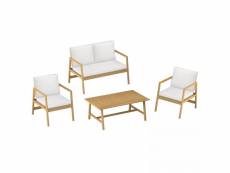 Salon de jardin bois avec 1 canapé, 2 fauteuils et table basse blanc