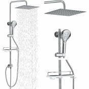 Suguword - Système de douche Barre de douche carrée en acier inoxydable 30 x 30 cm Douchette à main avec 3 types de jet Étagère chromée Montage facile