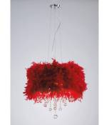 Suspension Ibis avec Abat jour rouge en plume 3 Ampoules chrome poli/cristal