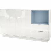 Vladon Buffet Metro Cabinet Commode Dressoir Blanc haute brillance insert coloré - Insertion en Denim mat sans éclairage LED - Insertion en Denim mat